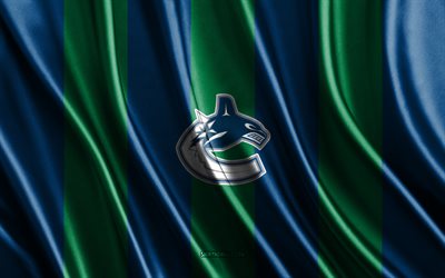 4k, Vancouver Canucks, NHL, blue green silk texture, Vancouver Canucks flag, Canadian hockey team, hockey, silk flag, Vancouver Canucks emblem, USA, Vancouver Canucks badge