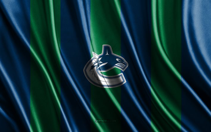 4k, canucks de vancouver, nhl, textura de seda verde azul, bandera de vancouver canucks, equipo canadiense de hockey, hockey, bandera de seda, emblema de los canucks de vancouver, eeuu, insignia de los canucks de vancouver