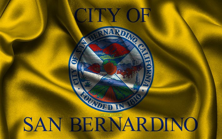 サンバーナーディーノの旗, 4k, 米国の都市, サテンフラグ, サンバーナーディーノの日, アメリカの都市, 波状のサテンの旗, カリフォルニアの都市, カリフォルニア州サンバーナーディーノ, アメリカ合衆国, サンバーナーディーノ