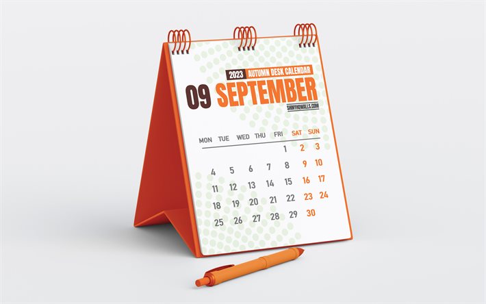 2023 سبتمبر التقويم, 4k, تقويم مكتب برتقالي, شيوع, سبتمبر, خلفية رمادية, 2023 مفاهيم, تقويمات الخريف, تقويم سبتمبر 2023, تقويم سبتمبر للأعمال لعام 2023, تقويمات مكتبية لعام 2023