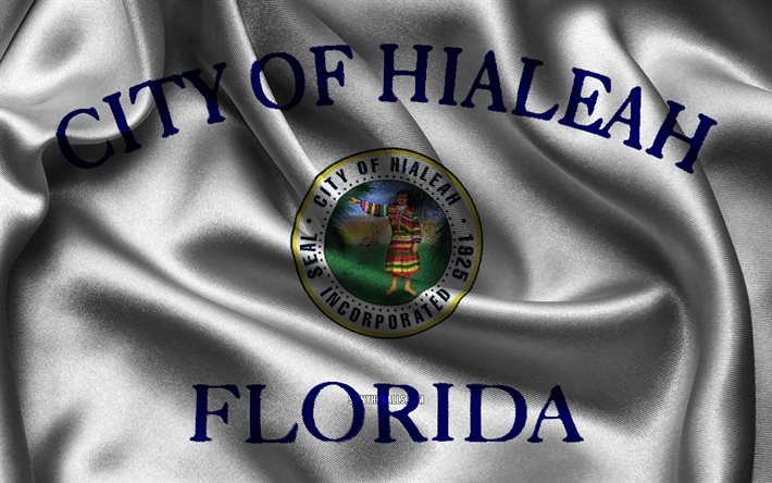 Hialeah flag, 4K, US cities, satin flags, Day of Hialeah, flag of Hialeah, American cities, wavy satin flags, cities of Florida, Hialeah Florida, USA, Hialeah