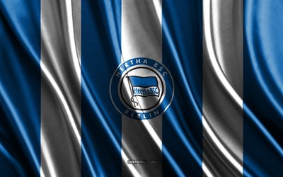 4k, Hertha BSC, Bundesliga, blue white silk texture, Hertha BSC flag, German football team, football, silk flag, Hertha BSC emblem, Germany, Hertha BSC badge, Hertha BSC logo