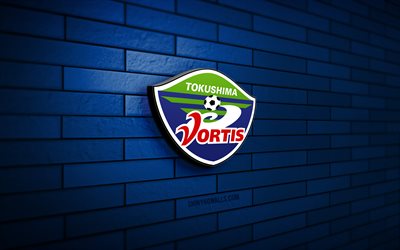 tokushima vortis 3d logo, 4k, blaue ziegelwand, j2 liga, fußball, japanischer fußballverein, tokushima vortis logo, tokushima vortis emblem, tokushima vortis, sport logo, tokushima vortis fc