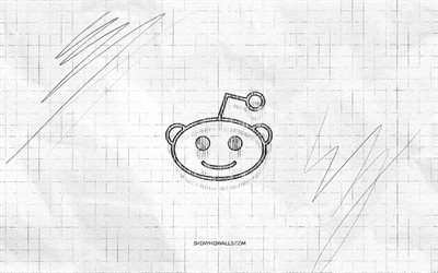 reddit スケッチ ロゴ, 4k, 市松模様の紙の背景, reddit の黒いロゴ, ソーシャルネットワーク, ロゴスケッチ, redditのロゴ, 鉛筆画, レディット