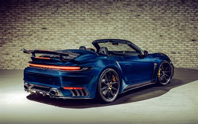 4k, topcar porsche 911 turbo s stinger gtr cabriolet, vista posteriore, auto del 2023, messa a punto, supercar, porsche 911 blu, auto tedesche, porsche