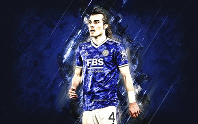 Caglar Soyuncu, Leicester City FC, Turkish football player, portrait, blue stone background, Premier League, England, football