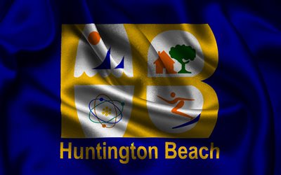 bandiera di huntington beach, 4k, città degli stati uniti, bandiere di raso, giornata di huntington beach, città americane, bandiere ondulate di raso, città della california, huntington beach california, stati uniti d'america, spiaggia di huntington