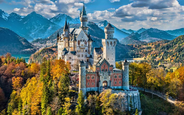 4k, neuschwanstein kalesi, sonbahar mevsimi, antik kale, bavyera alpleri, sonbahar manzarası, dağ manzarası, alman kaleleri, bavyera, almanya