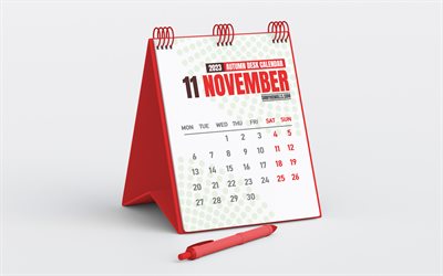 calendrier novembre 2023, calendrier de bureau rouge, minimalisme, novembre, fond gris, calendriers 2023, calendriers d'automne, calendrier de novembre 2023, calendriers de bureau 2023