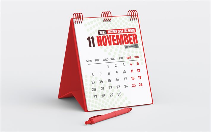 calendário de novembro de 2023, calendário de mesa vermelho, minimalismo, novembro, fundo cinza, calendários de 2023, calendários de outono, calendário de novembro de negócios de 2023, calendários de mesa 2023