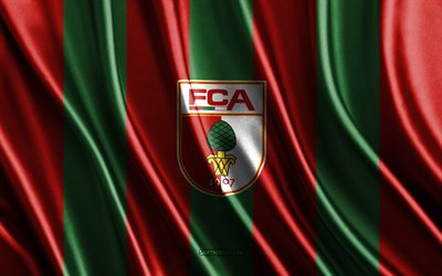4k, FC Augsburg, Bundesliga, red green silk texture, FC Augsburg flag, German football team, football, silk flag, FC Augsburg emblem, Germany, FC Augsburg badge, FC Augsburg logo