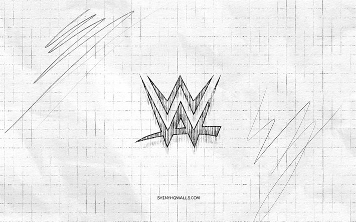 logo dello schizzo della wwe, 4k, sfondo di carta a scacchi, logo nero della wwe, world wrestling entertainment, schizzi di logo, logo della wwe, disegno a matita, wwe