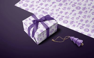 cajas de regalo violetas, 4k, árbol de navidad, feliz año nuevo, decoraciones de navidad, destello, navidad, regalos de navidad, cajas de regalo