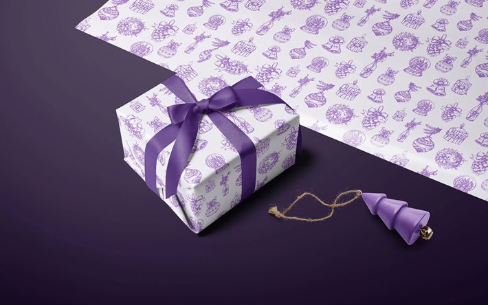 caixas de presente violeta, 4k, arvore de natal, feliz ano novo, decorações de natal, brilho, natal, presentes de natal, caixas de presente
