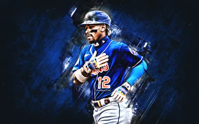 Francisco Lindor, New York Mets, Major League Baseball, Paquito, Puerto Rican baseball player, blue stone background, baseball, USA