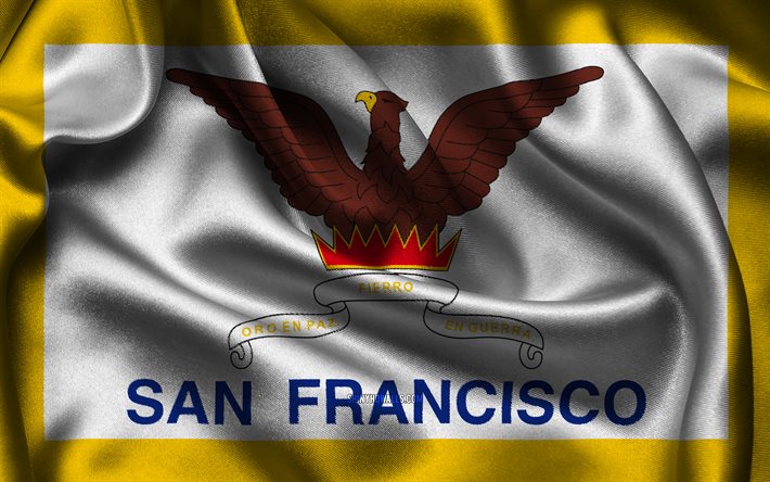 san francisco bayrağı, 4k, abd şehirleri, saten bayraklar, san francisco'nun günü, amerikan şehirleri, dalgalı saten bayraklar, kaliforniya şehirleri, san francisco kaliforniya, amerika birleşik devletleri, san francisco