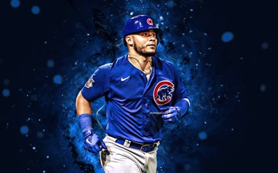 Willson Contreras, 4k, blue neon lights, Chicago Cubs, MLB, Catcher, Willson Contreras 4K, baseball, blue abstract background, Willson Contreras Chicago Cubs