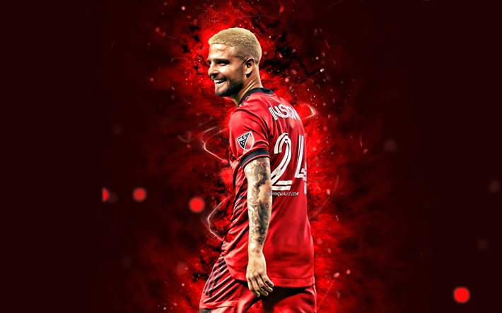 4k, Lorenzo Insigne, back view, red neon lights, Toronto FC, MLS, Italian footballers, Lorenzo Insigne 4K, red abstract background, football, soccer, Lorenzo Insigne Toronto FC