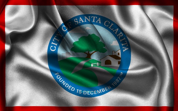 サンタクラリータの旗, 4k, 米国の都市, サテンフラグ, サンタクラリータの日, サンタクリタの旗, アメリカの都市, 波状のサテンの旗, カリフォルニアの都市, カリフォルニア州サンタクラリタ, アメリカ合衆国, サンタクラリータ