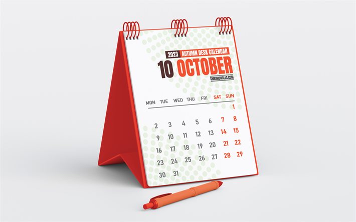 calendário de outubro de 2023, calendário de mesa vermelho, minimalismo, outubro, fundo cinza, calendários de 2023, calendários de outono, calendário comercial de outubro de 2023, calendários de mesa 2023