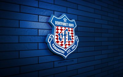 Ventforet Kofu 3D logo, 4K, blue brickwall, J2 League, soccer, japanese football club, Ventforet Kofu logo, Ventforet Kofu emblem, football, Ventforet Kofu, sports logo, Ventforet Kofu FC