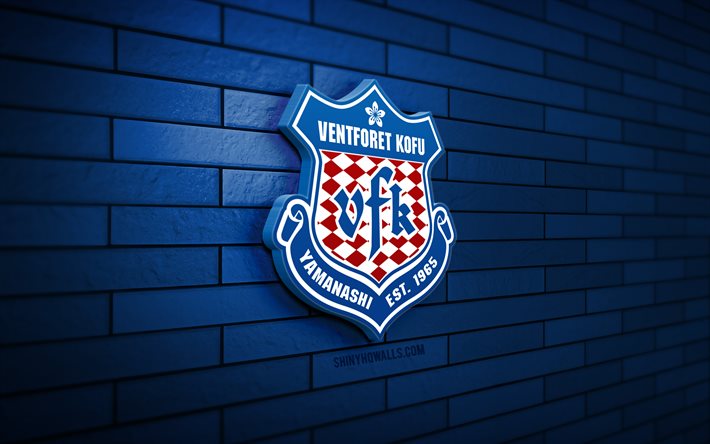 logo ventforet kofu 3d, 4k, mur de brique bleu, ligue j2, football, club de foot japonais, logo ventforet kofu, emblème ventforet kofu, ventforet kofu, logo de sport, ventforet kofu fc