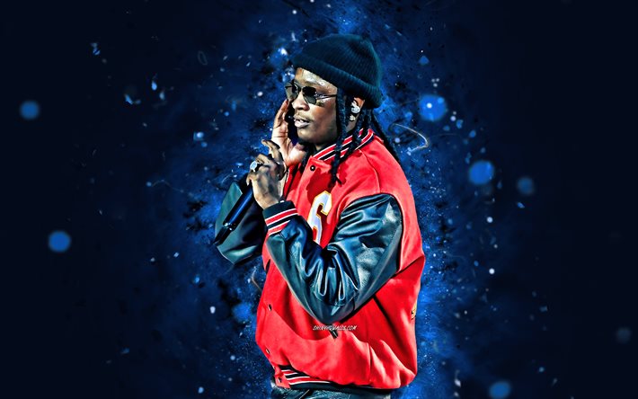 Yung Thug, 4k, blue neon lights, music stars, american rappers, Yung Thug with microphone, american celebrity, Jeffrey Williams, creative, Yung Thug 4K
