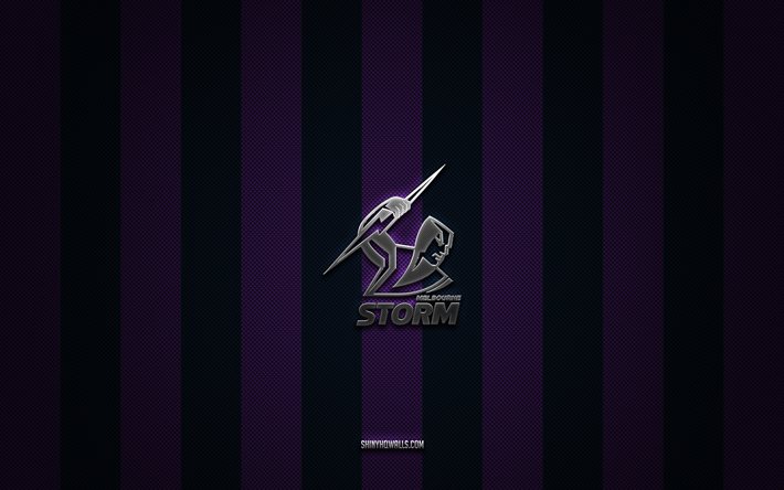 Melbourne Storm logo, Australian rugby team, National Rugby League, purple carbon background, Melbourne Storm emblem, rugby, Melbourne Storm, Australia, Melbourne Storm metal logo