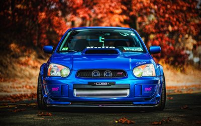 4k, Subaru Impreza WRX STI, front view, 2004 cars, autumn, Blue Subaru Impreza, 2004 Subaru Impreza WRX STI, HDR, japanese cars, Subaru