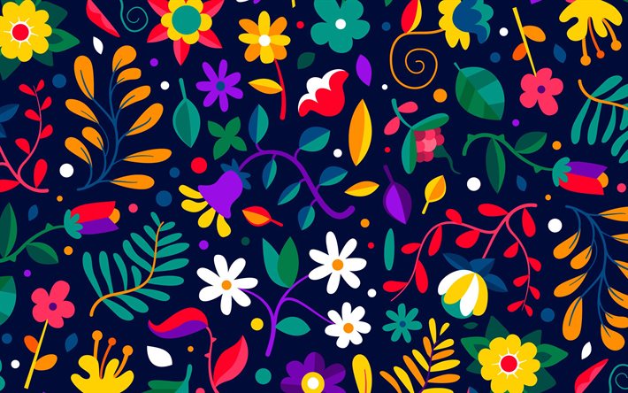 4k, padrões florais abstratos, obra de arte, fundos abstratos, padrão com flores, padrões florais, ornamentos florais abstratos, fundos coloridos