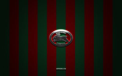 South Sydney Rabbitohs logo, Australian rugby team, National Rugby League, red green carbon background, South Sydney Rabbitohs emblem, rugby, South Sydney Rabbitohs, Australia, South Sydney Rabbitohs metal logo