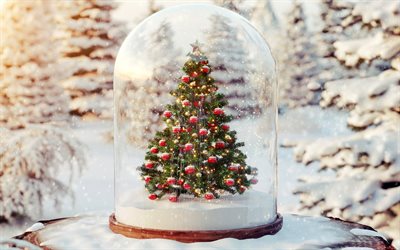 xmas tree in flask, 4k, red xmas balls, snowdrifts, christmas decorations, xmas tree, Happy New Year, Christmas trees, xmas decorations