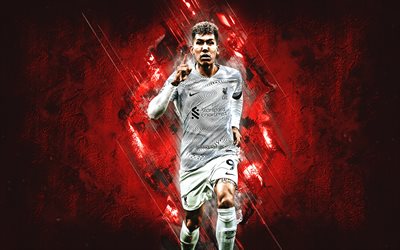 Roberto Firmino, Liverpool FC, Brazilian soccer player, attacking midfielder, portrait, red stone background, Premier League, England, football