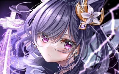 4k, Keqing, portrait, Genshin Impact, artwork, protagonist, girl with violet eyes, manga, warriors, Keqing Genshin Impact