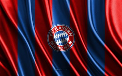 4k, FC Bayern Munich, Bundesliga, blue red silk texture, FC Bayern Munich flag, German football team, football, silk flag, Hertha BSC emblem, Germany, FC Bayern Munich badge, FC Bayern Munich logo