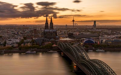 Hohenzollern Bridge, Cologne Cathedral, 4k, sunset, skyline cityscapes, german cities, Catholic cathedral, Cologne landmarks, Cologne cityscape, Germany, Europe, Cologne panorama, Cologne