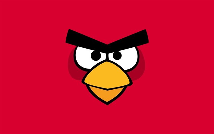 4k, red angry birds, minimal, personnage rouge, fond rouge, créatif, angry birds minimalisme, angry birds personnages, angry birds
