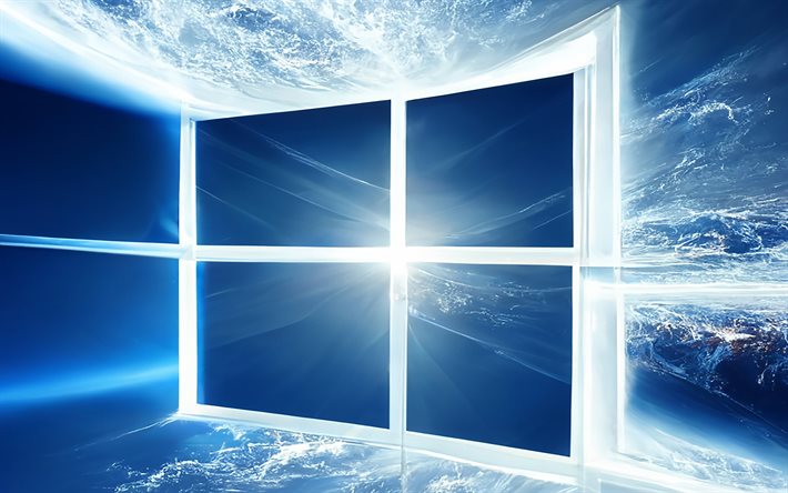 logo blu di windows 10, 4k, cielo blu, sistemi operativi, logo astratto di windows 10, creatività, logo di windows 10, windows 10