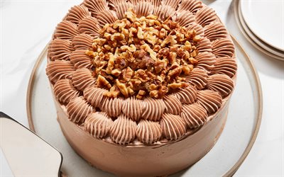 chocolate cake with nuts, 4k, dessert, cakes, sweets, coffee cream, coffee cake, nuts, baked goods