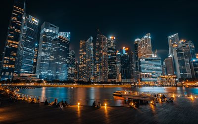 singapore, metropoli, notte, edifici moderni, grattacieli, ocean financial centre, marina bay financial center tower 3, fraser tower, guoco tower, asia, paesaggio urbano di singapore