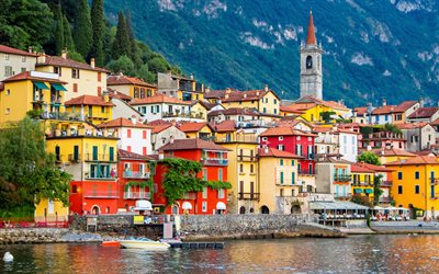 4k, varenna, des bâtiments colorés, le lac de côme, l été, les villes italiennes, l italie, le panorama de varenna, l europe, le paysage urbain de varenna, hdr