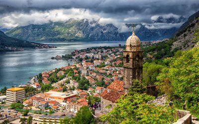 Kotor, evening, mountain landscape, resort, Bay of Kotor, travel to Kotor, Dinaric Alps, mountains, Montenegro