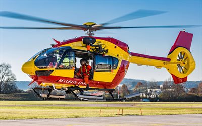 airbus h145, 4k, helicópteros multipropósito, aviación civil, helicópteros de rescate, helicóptero amarillo, aviación, helicópteros que vuelan, airbus, fotos con helicóptero, h145