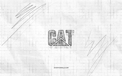 logotipo de boceto de caterpillar, 4k, fondo de papel a cuadros, logotipo negro de caterpillar, logotipo de cat, marcas, bocetos de logotipo, logotipo de caterpillar, dibujo a lápiz, gato, caterpillar