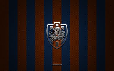 shimizu s-pulse logotipo, japonês futebol clube, j1 league, laranja azul carbono de fundo, shimizu s-pulse emblema, futebol, shimizu s-pulse, japão, shimizu s-pulse prata logotipo do metal