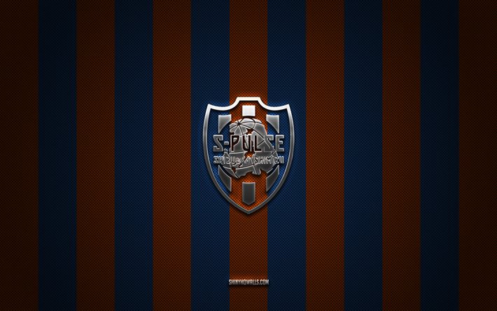 logo shimizu s-pulse, squadra di calcio giapponese, j1 league, sfondo arancione blu carbonio, emblema shimizu s-pulse, calcio, shimizu s-pulse, giappone, logo in metallo argento shimizu s-pulse