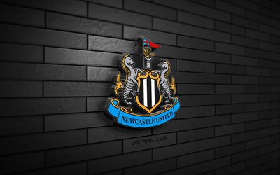 logo 3d de newcastle united, 4k, mur de briques noir, premier league, football, club de football anglais, logo de newcastle united, emblème de newcastle united, newcastle united, logo de sport, newcastle united fc