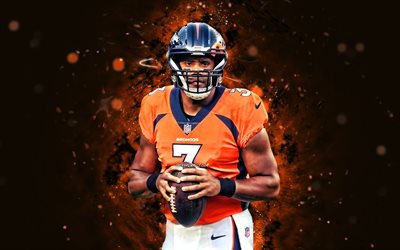 Russell Wilson, 4k, orange neon lights, Denver Broncos, NFL, american football, Russell Wilson 4K, orange abstract background, Russell Wilson Denver Broncos