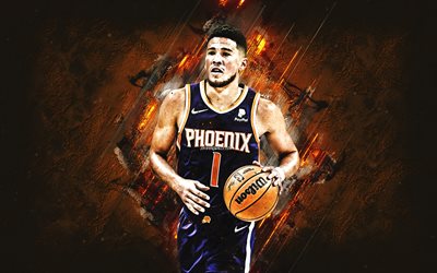 Devin Booker, Phoenix Suns, NBA, American basketball player, portrait, orange stone background, National Basketball Association, basketball