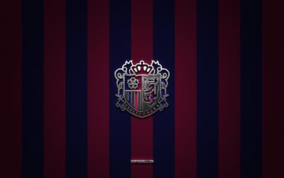 logotipo de cerezo osaka, club de fútbol japonés, liga j1, fondo de carbono azul rosa, emblema de cerezo osaka, fútbol, cerezo osaka, japón, logotipo de metal plateado de cerezo osaka